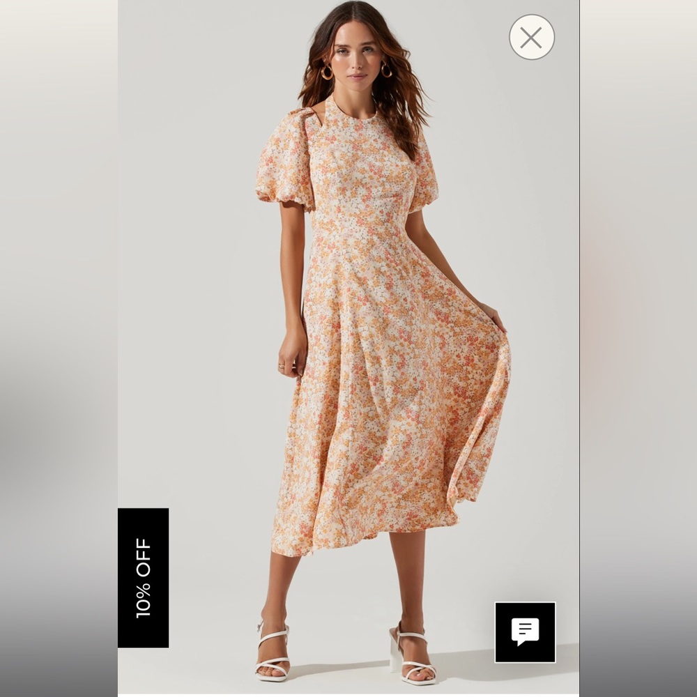 ASTR the Label peach floral midi dress halter puff sleeve